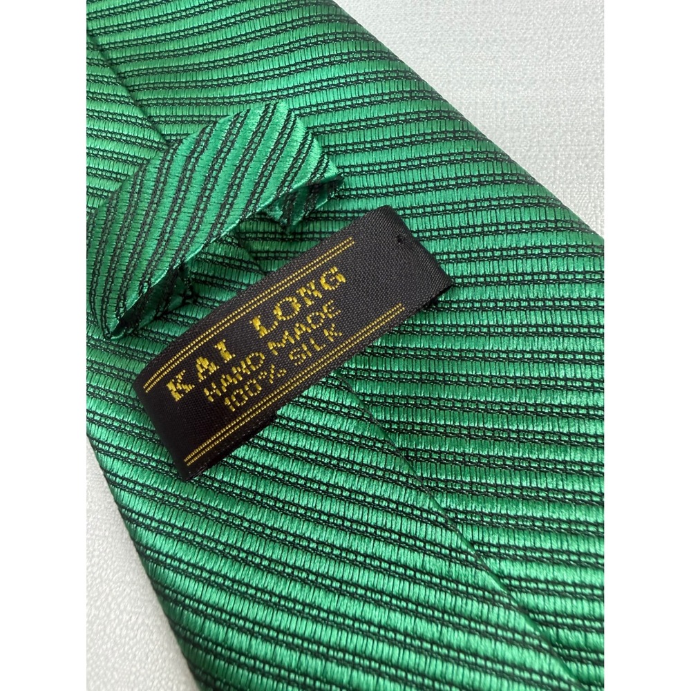 Kai Long Mens Emerald Green Striped Silk Necktie Handmade Formal Business Tie
